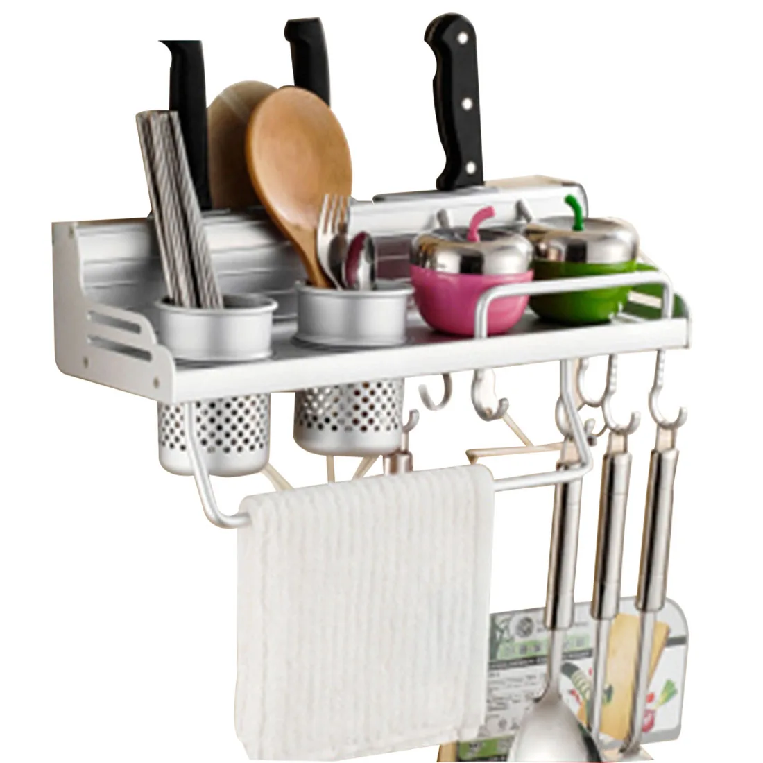 

40CM Household Space Aluminum Storage Rac Kitchen Storage Organizer Shelf With 2 Holes 3 Knife Holder And 6 Hooks Silver