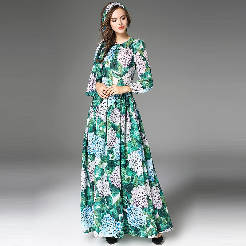 Green floral belted long sleeve dress