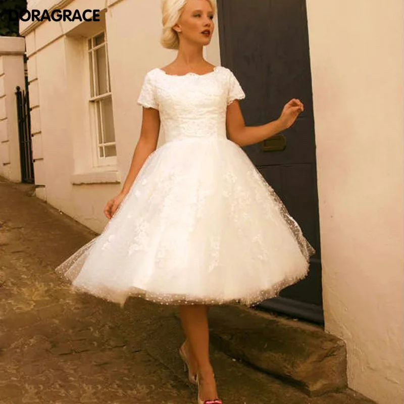 

New Arrival Romantic Applique Mid-Calf Short Wedding Gowns Designer Wedding Dresses With Short Sleeve DG0120
