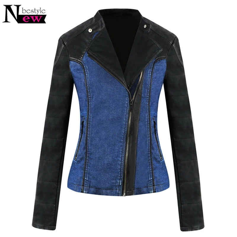 

New Jeans Jacket Women Zipper Leather Patchwork Jacket Soft Slim Fit Leather Coat Women Light Washed Denim Jacket chaqueta mujer
