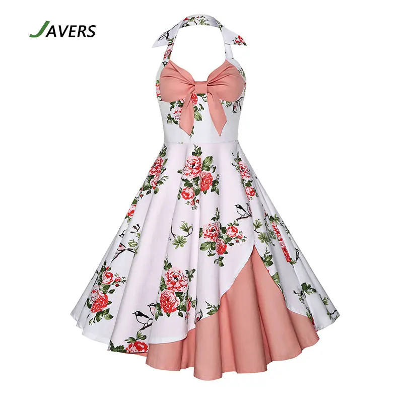 [Javers] 50 s 60 Pin Up лук узел Холтер спинки Винтаж рокабилли платье Женская вишня