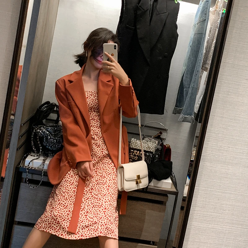 

Single Button Blazers Orange Jacket Full Sleeve Waist Belt Black Coat Suit Twill Female Chic INS Suit Women Blazers Sashes