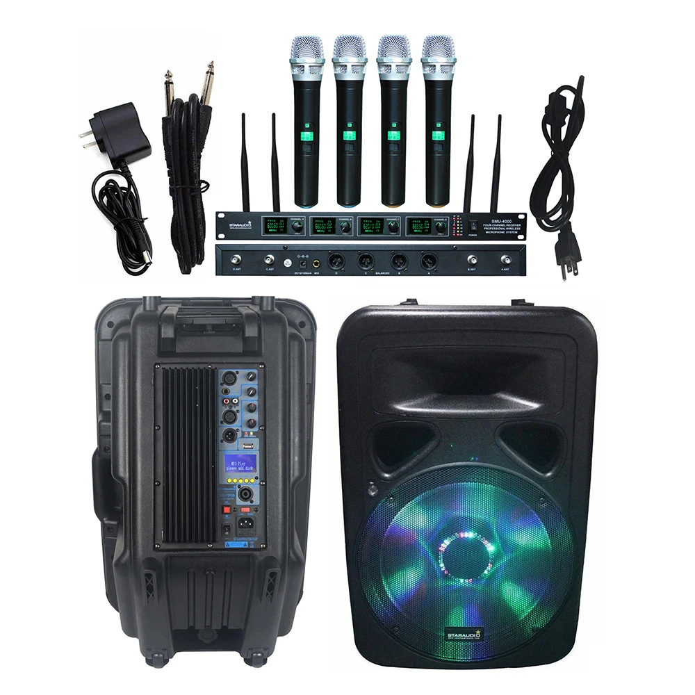 

STARAUDIO 15" 3500W Powered DJ PA Bluetooth Speaker Stage Party Karaoke Speaker 4CH UHF Wireless Handheld Microphone SML-15RGB
