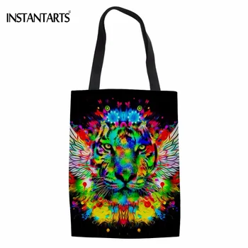 

INSTANTARTS Cool Colorful Animal Tiger Print Women Linen Tote Bags Brand Design Female Shoulder Bags for Shopping Vogue Handbags