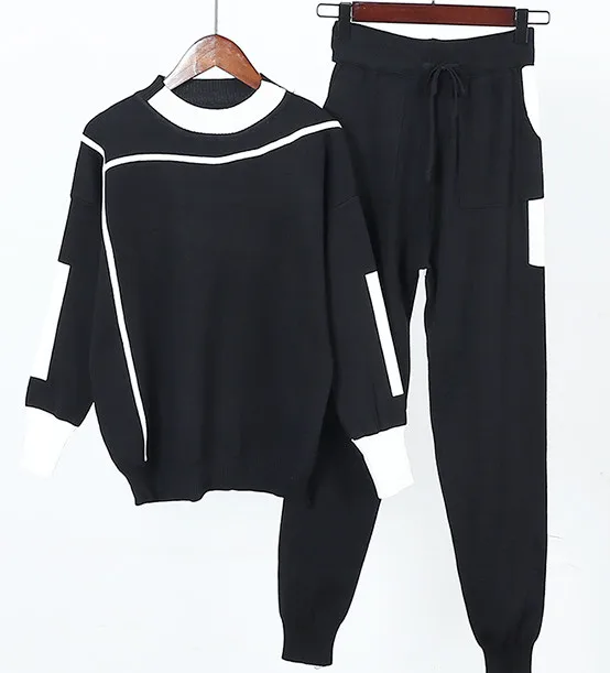 ALPHALMODA, женские штаны и свитер, 2 шт, костюмы, полосатые, спортивные, трикотажные брюки и джемперы, топы, зимние, 2 шт, повседневные комплекты - Цвет: Черный