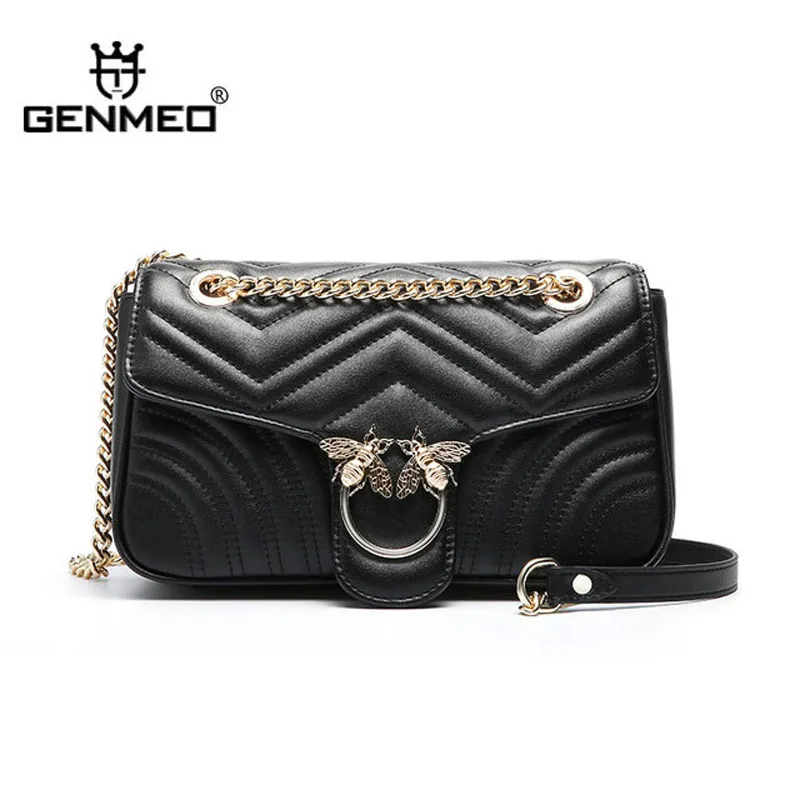 

GENMEO Brand New Arrival Double Bees Genuine Leather Handbag with Chain Shoulder Strap and Metal Lock Feminina Bolsa