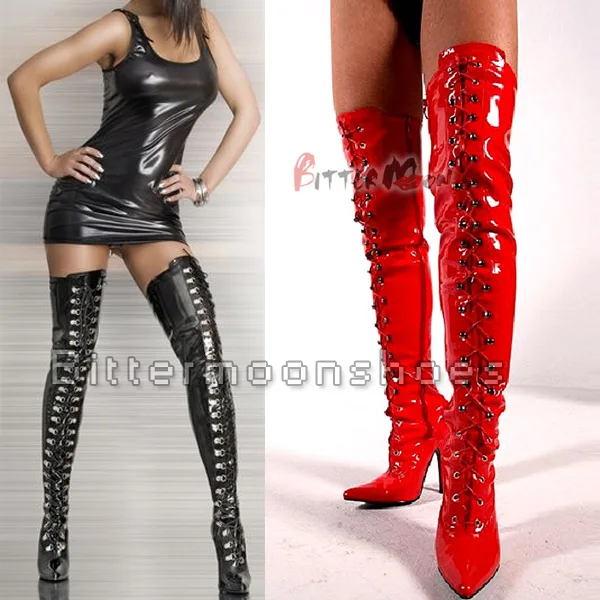 

Sexy Women Boots Lacing Ultra High Heels Boots Fashion Japanned Leather Over-the-knee Women's Boots Steel Pipe Dance Shoes
