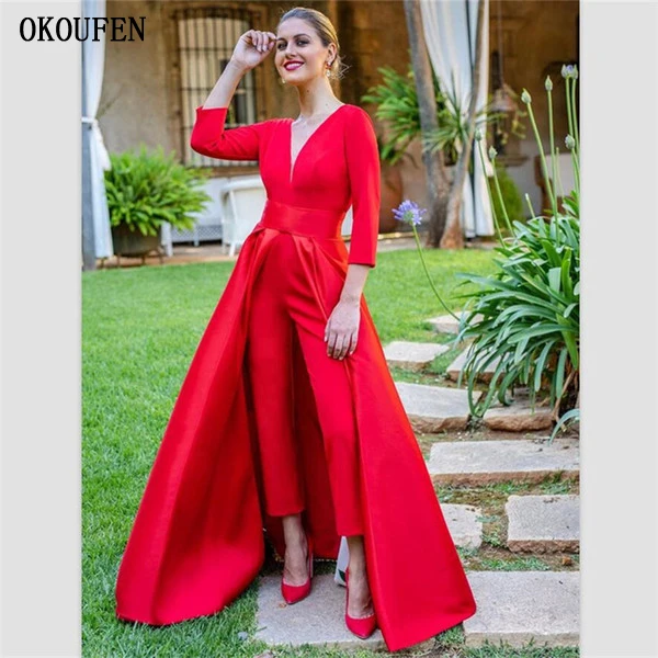 2019 elegant red lace a line evening dresses floor length long sleeves prom gowns custom jumpsuits women formal dress prom free shipping 副本