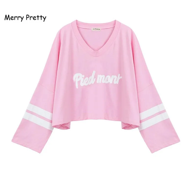 

MERRY PRETTY Korean Fashion Tops Femme Women T-shirt Letter Printed Cotton T Shirt Patchwork Long Sleeve Camisetas Mujer Top