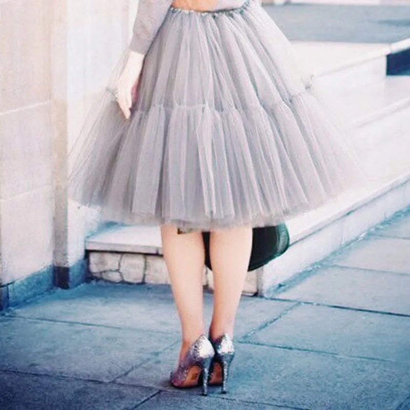 Пышное Платье по колено Серый цвет фатиновые Юбки эластичный большого Размеры миди юбки женская юбка для взрослых индивидуальный заказ элегантный дизайн Faldas Saias