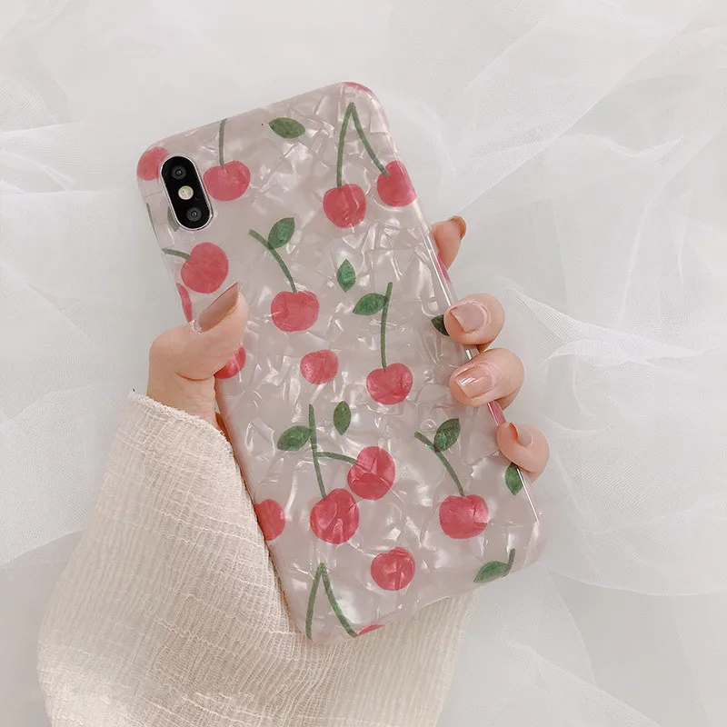 

Pink Cherry Fruit Glitter Shell Silicone Phone Cases For iPhone X XS MAX XR, Soft TPU Cover Phone Case For iPhone 6 6s 7 8 Plus