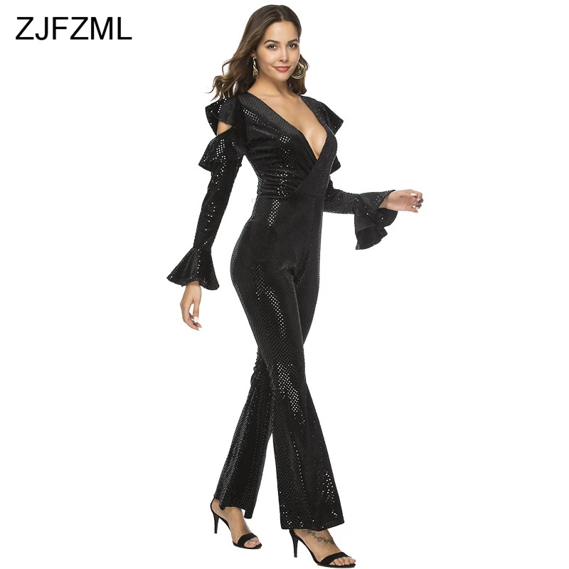 Black Sexy Rompers Piece Deep Pant Cut Long Sleeve Out Overall Sparkly Womens Neck V Bodysuit One Sequins Elegant Flare Jumpsuit wxgAgE6q