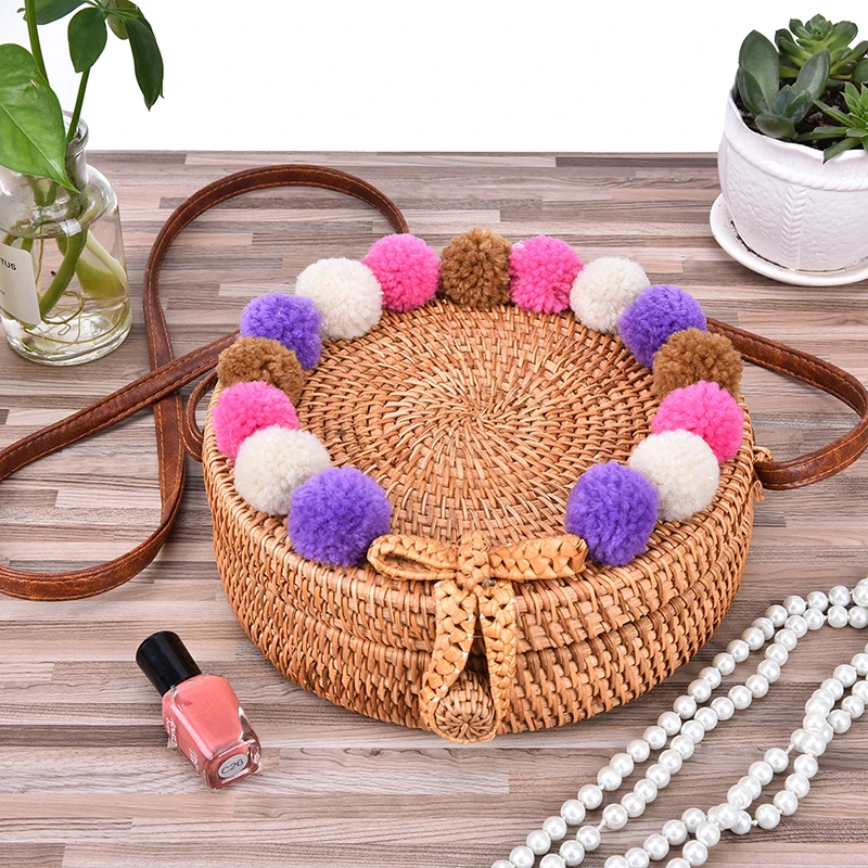 Colored Hair Ball Woven Bag Women Straw Bag Fashion Elegant Handwoven Round Rattan Retro Handbags Crossbody With Hairball HOT