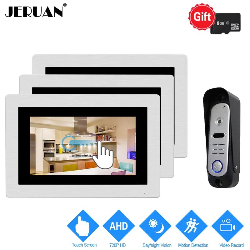 

JERUAN 7`` Touch Screen Video Doorbell Intercom System 720P AHD HD Motion Detection 3 Record Monitor+1 HD Waterproof Camera 1V3