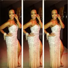 Free Shipping Champagne New V neck High Silt Beaded Luxury Chiffon Women Evening Dresses Formal Gowns Vestidos