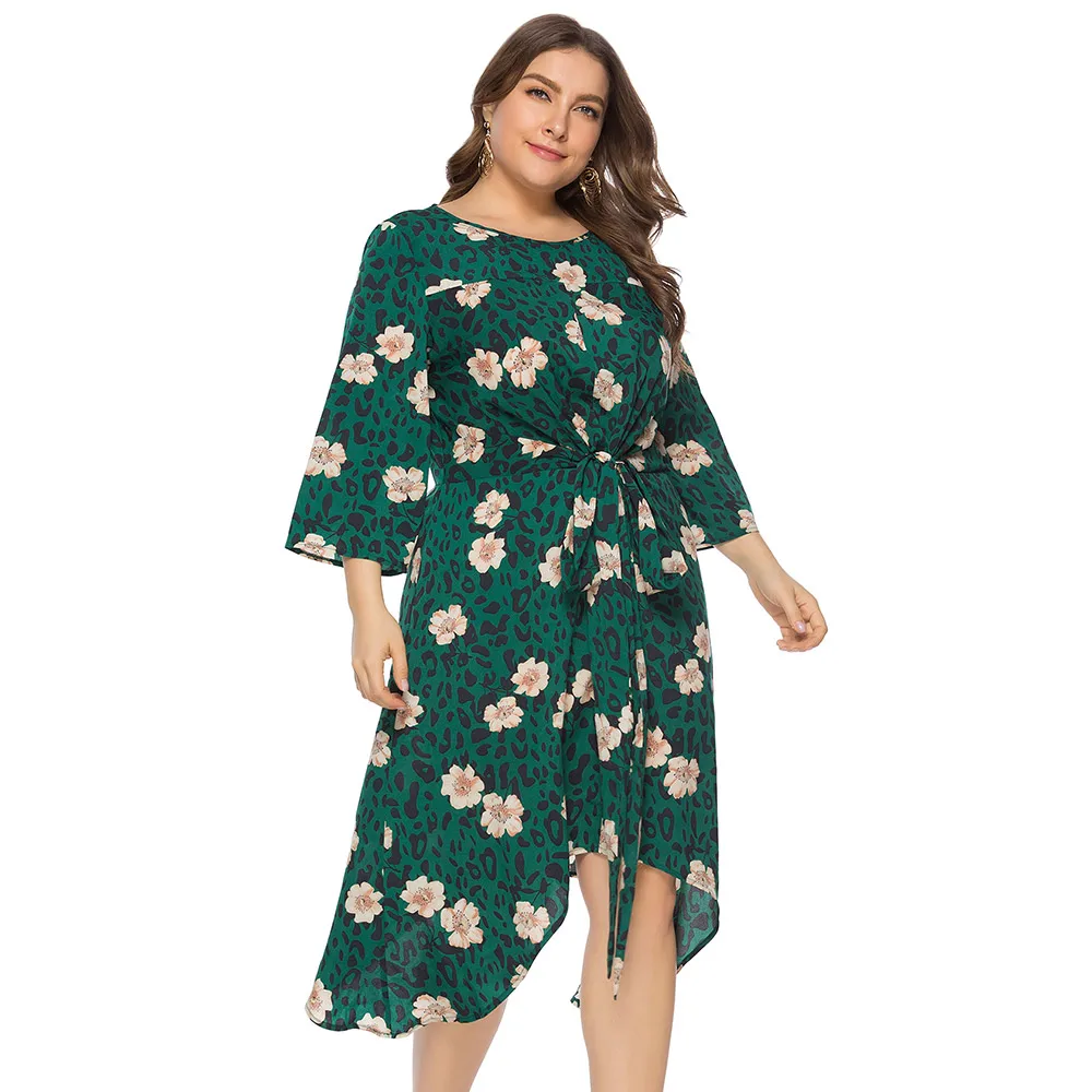 Leopard Floral Print Belted Dress Plus Size New Women Spring Fall Tunic Dress Female Elegant O Neck Sexy Party Office Lady Dress