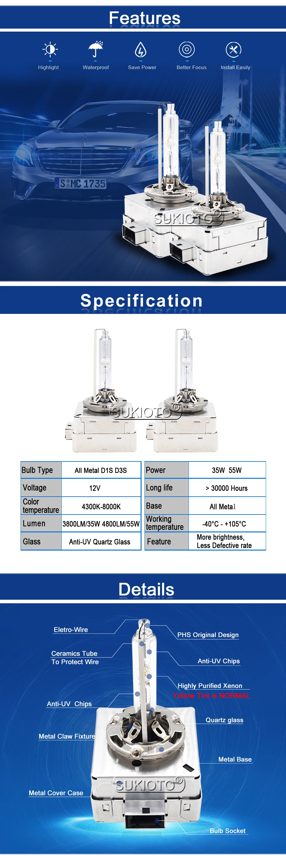 SUKIOTO 2 шт 55W D1S 5000K ксеноновая hid лампа оригинальная 35W D3S 4300K 6000K 8000K полностью Металлическая Автомобильная фара для Benz BMW AUDI auto