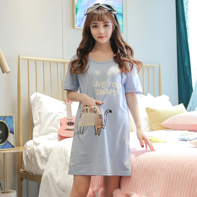 

5XL Night Dress Nightgown Sexy Nightwear Cute Catl Pocket Print Loose Lingerie Nighty Cotton Dress Sleep Wear Nightdress Clothes