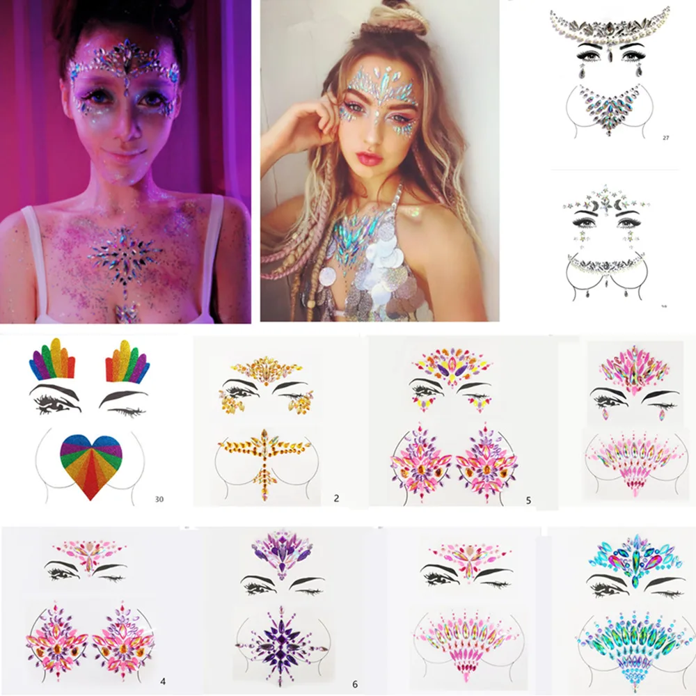 

Temporary Tattoo Stickers 3D Glitter Acrylic Face Jewels Gems Festival Party Body Eyes Chest Decor Beauty Makeup Face Body Art