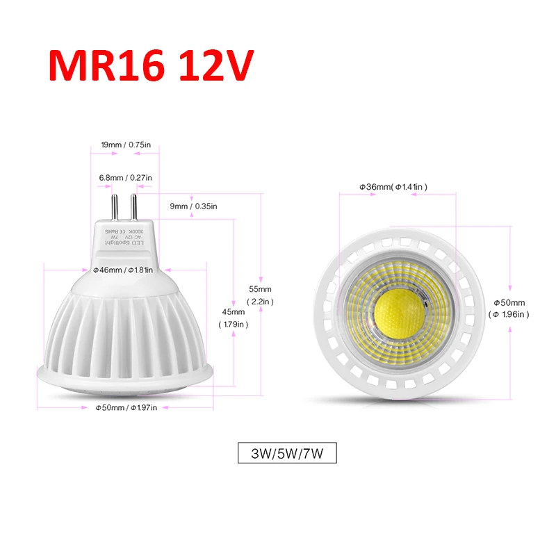 MR16 Светодиодный точечный светильник 12 В AC/DC, лампа гу 5,3 MR16, лампа с регулируемой яркостью GU5.3, COB 110 В, 220 В, 3 Вт, 5 Вт, 7 Вт, точечный светильник AC 85-265 в, алюминиевый luz - Испускаемый цвет: MR16 12V