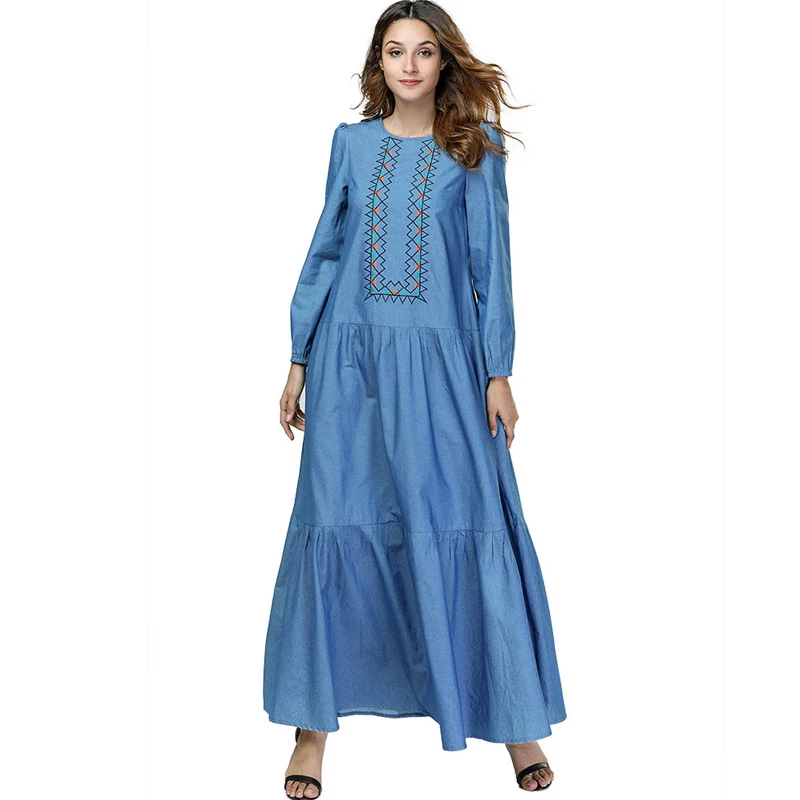 

2019 Abaya Kaftan Dubai Bangladesh Turkey Women Denim Embroidery Hijab Muslim Dress Jilbab Caftan Robe Turkish Islamic Clothing