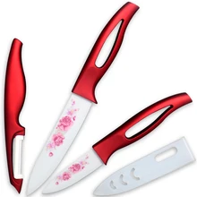 Xyj marca rebanar cuchillos de cerámica de 3 pulgadas de pelado de 5 pulgadas cuchillos de cocina pelador de abs + tpr con rojo lámina blanca de la manija de cocina cuchillos