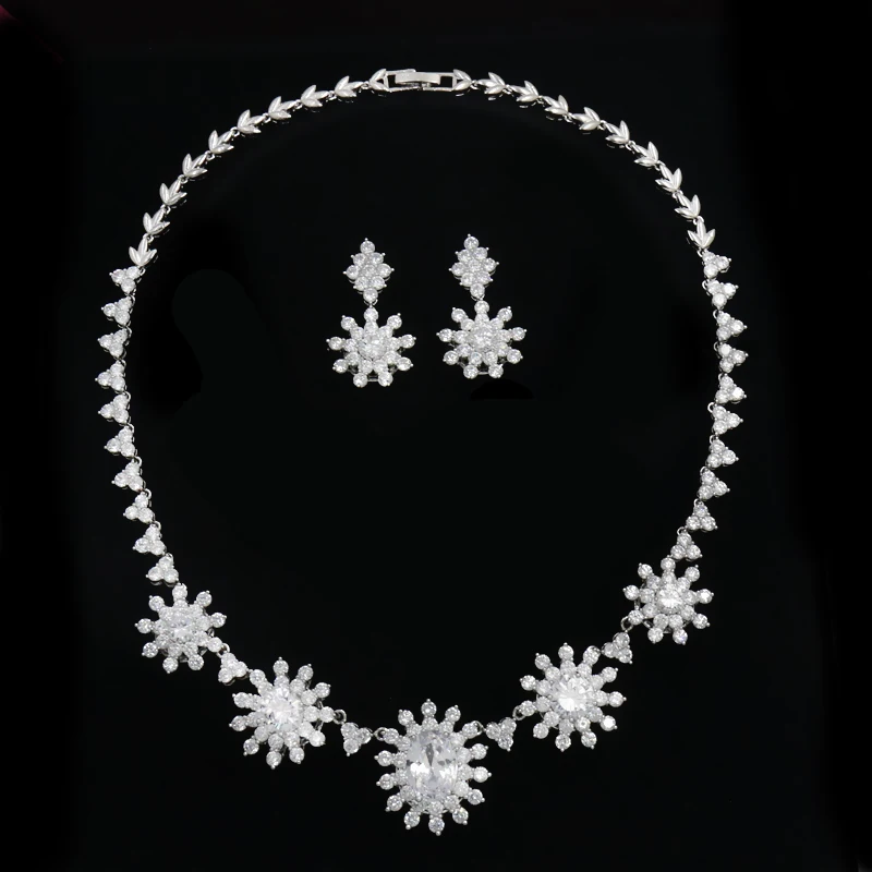 

WEIMANJINGDIAN Silver Color Cubic Zirconia Round Flower Design Necklace and Earring Jewelry Set for Wedding Bride