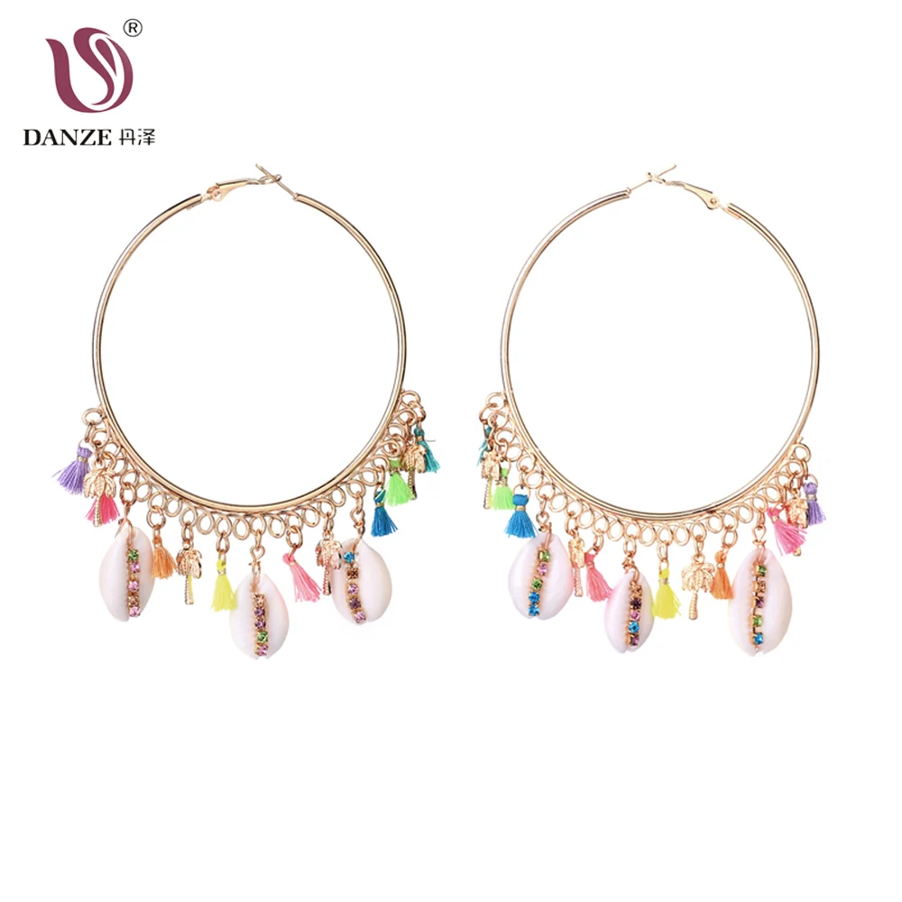 

DANZE New Design Sea Shell Earrings For Women Gold Color Metal Shell Cowrie Statement Hoop Earrings Crystals Beach Jewelry