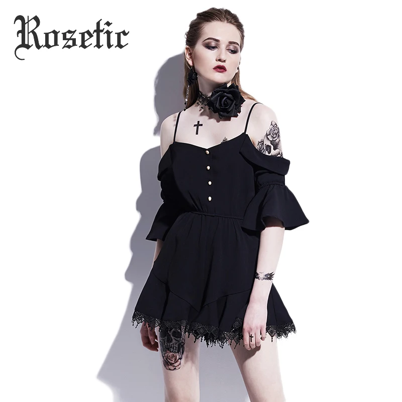 

Rosetic Gothic Short Jumpsuits Black Fashion Lace Ruffles Women Summer Playsuits Party Slim Mini Rompers Falbala Goth Jumpsuits