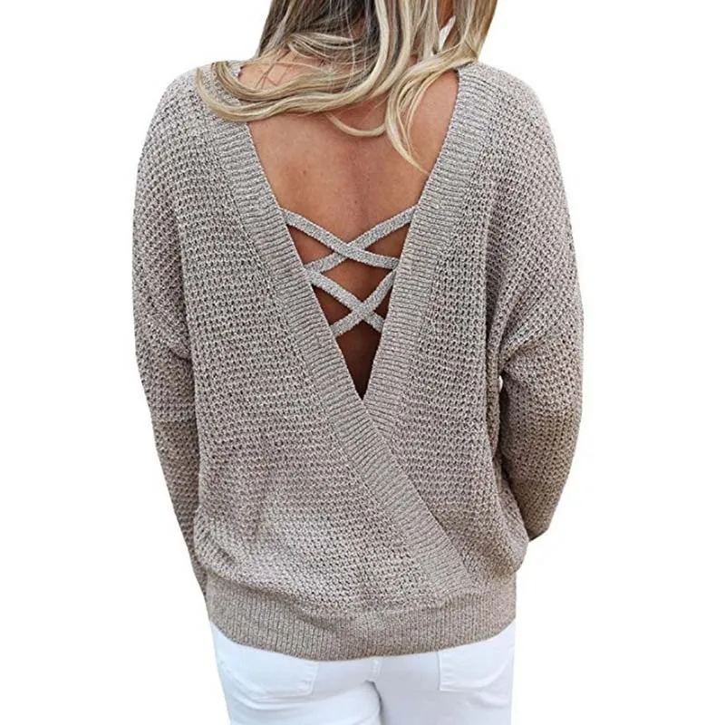 

Autumn Pullovers Women Knitted Lace-up Sexy Sweater Striped Bandage Cross Ties Knitwear Winter Loose Sweaters Long Jumper Female