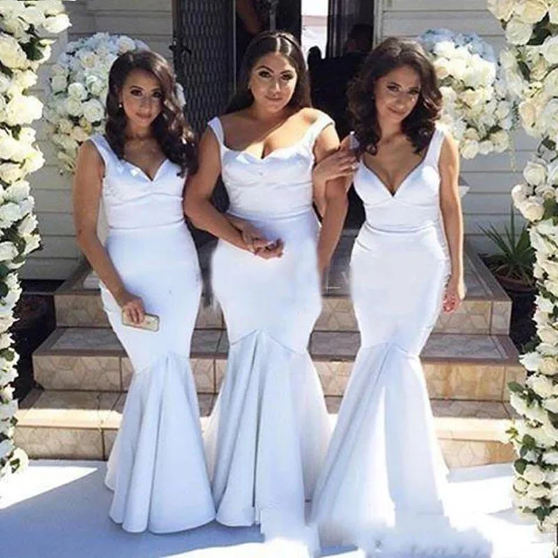 

White Sweetheart Sleeveless Satin Mermaid Bridesmaid Gown Elegant Wedding Party Bridesmaid Dresses Fast Shipping