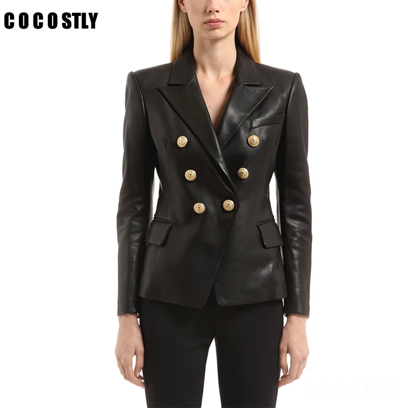 Kopen Barokke Designer office Blazer Vrouwen blazers en jassen Goud Knoppen Faux Lederen Blazer Outer Jas abrigo mujer veste femme