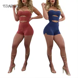 Лето 2018 для женщин Sexy бретелек Тощий Playsuit Тонкий выдалбливают Спинки повседневное комбинезон короткий Bodycon сплошной синий и красн