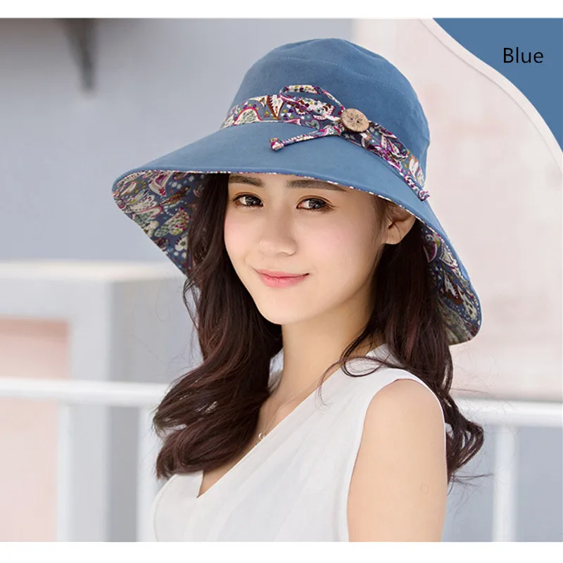 

Women Fashion Foldable Cotton Sunhat With Print Bowknot Summer Wide Large Brim Cap Beach Floppy Print Hats UV Protection