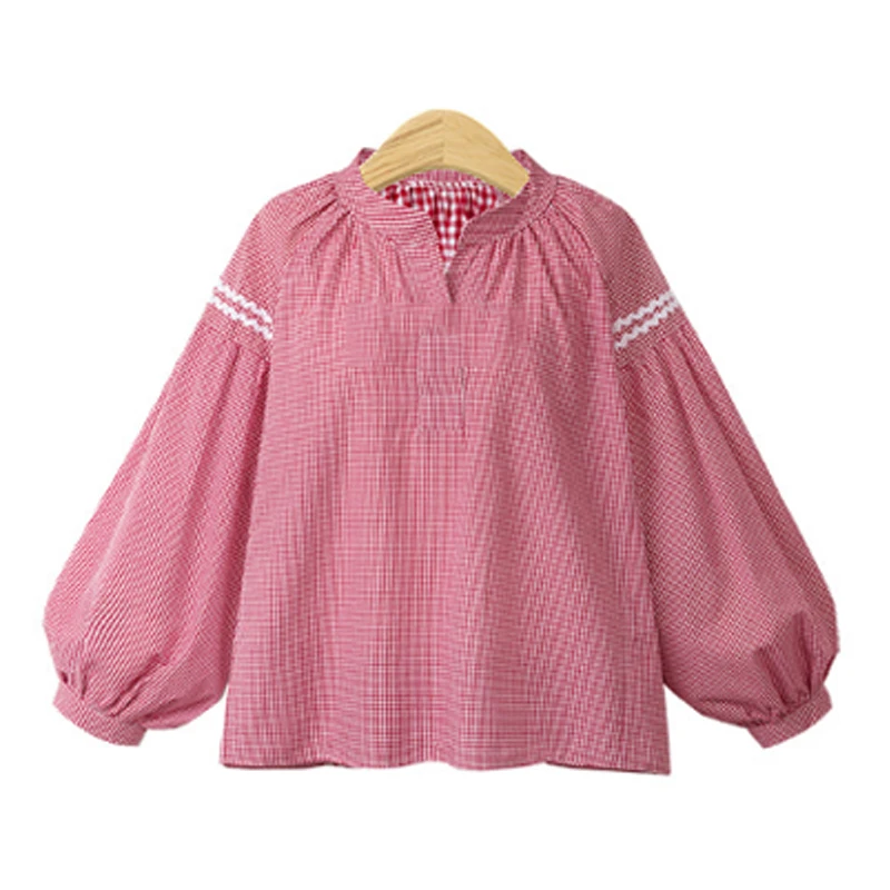 

2019 Autumn European Style Women Batwing Sleeve Blouse Loose V-Neck Plaid Ladies Shirts Cotton Linen Plus Size 4XL Street Tops