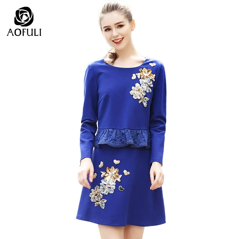 M/XL/3XL/4XL цветочное расшитое блестками дамское кружевное платье с баской Осенняя