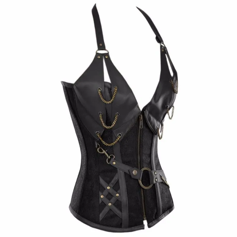 Black-Corset-With-Faux-Leather-Halterneck-W580908A-2