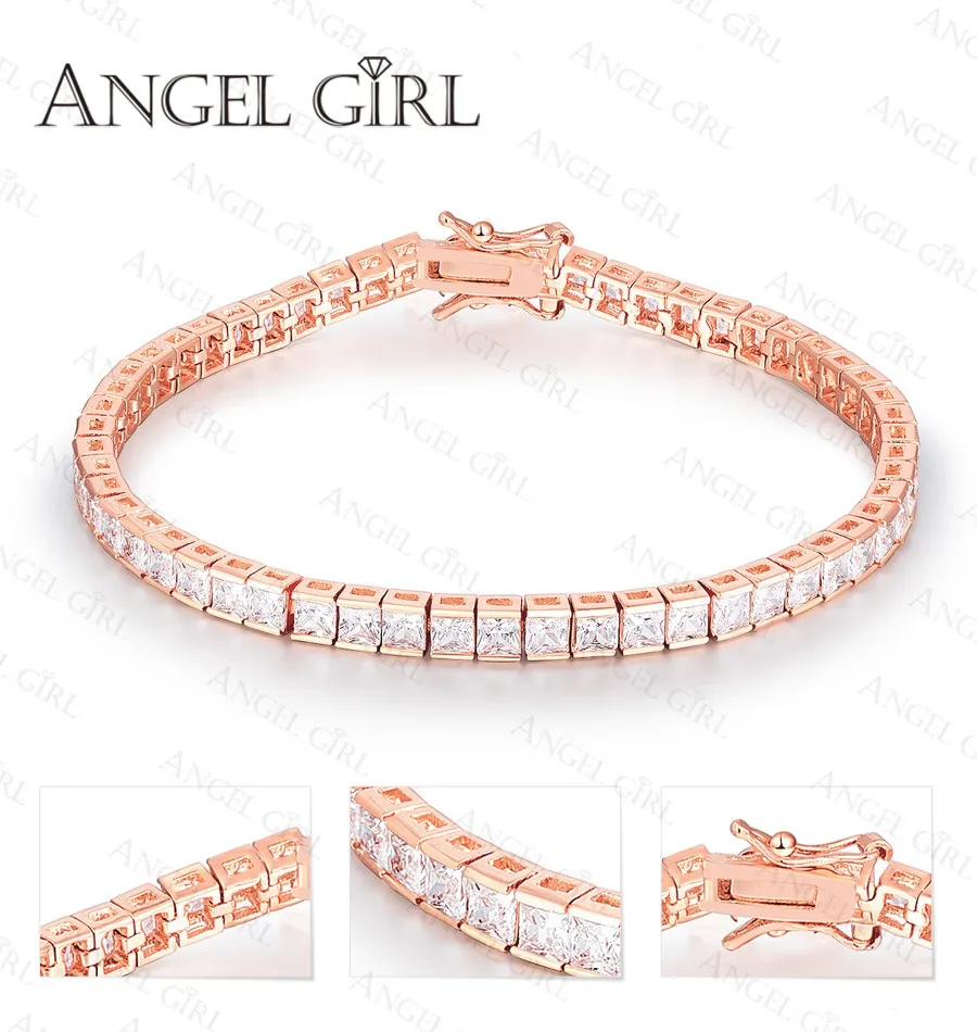 AngelGirl AAA+ Элегантный квадратный 4 мм CZ 7,5 дюймов Подвеска-шарм браслеты и браслеты розовое золото цвет Принцесса Cut Белый позолоченный браслет - Окраска металла: Square shape 185mm