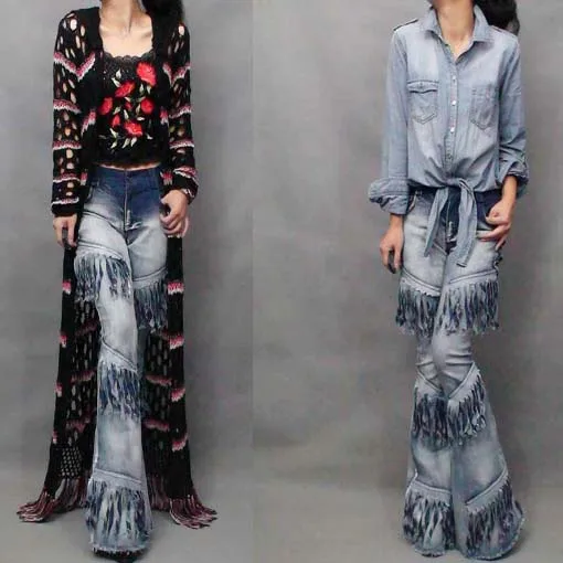 

2018 New Spring Fashion Personality Tassel Women Flare Pants Gradient Motorcycle Long Trousers Female Full Length Denim Pants
