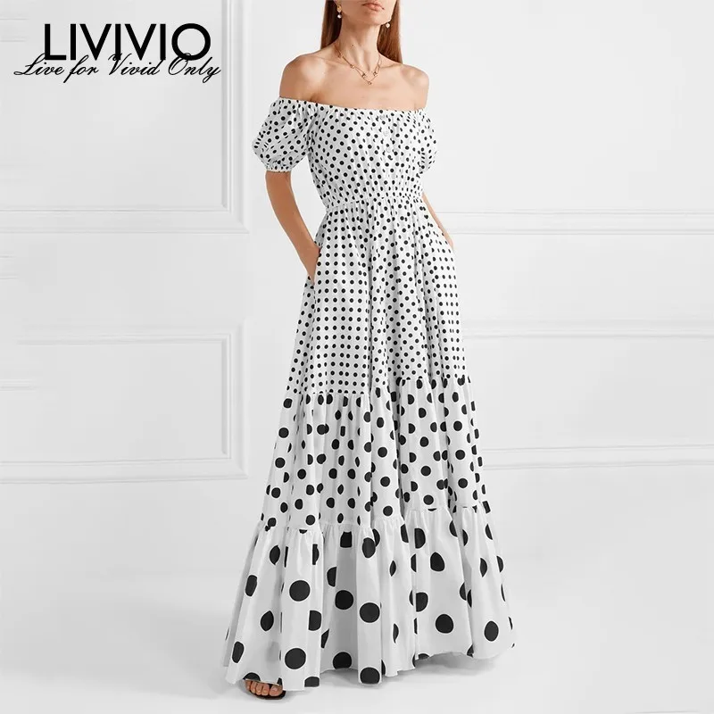 [LIVIVIO] женское платье в горошек с открытыми плечами вырезом лодочкой пышными