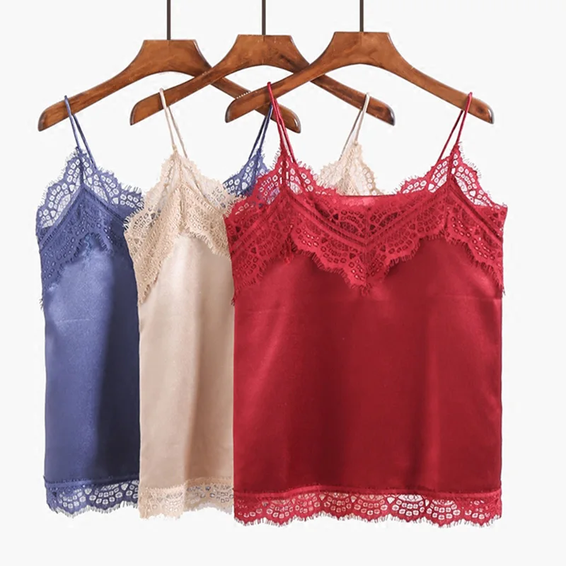 

Lace Stitching Women's Camisoles Tops V Neck Glossy Patchwork Solid Tank Top 2019 Summer Fashion Sexy Soft Black Camis Female