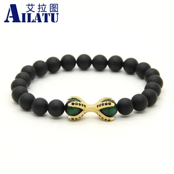 

Ailatu 10pcs/lot Natural Matte Onyx Stone with Green Tiger Eye Beads Micro Inlay Black CZ Beads Eagle Claw Energy Bracelets