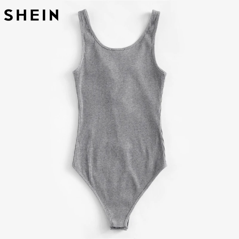 SHEIN الدانتيل يصل الجبهة ضلع متماسكة Heathered ارتداءها رمادي سكوب الرقبة أكمام الصيف مثير نحيل الجسم الدعاوى للنساء