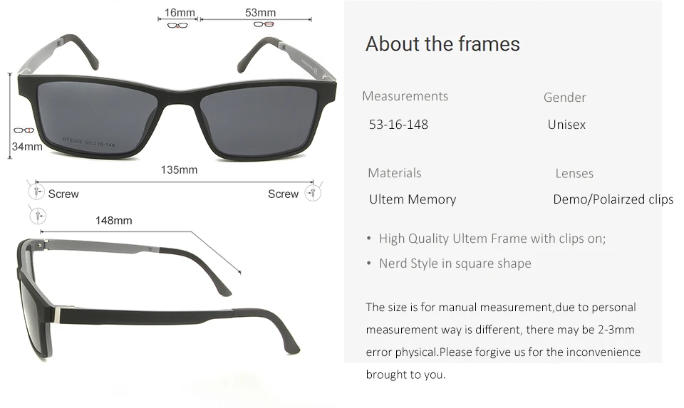 Ultem пластиковый титановый квадратный зажим для очков, поляризованные солнцезащитные очки, мужские очки с полной оправой, очки ботаника, магнитный зажим