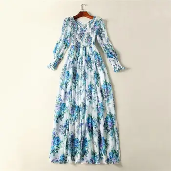 

Women Maxi Dress 2018 High Quality Summer Casual Dresses V-Neck Lantern Sleeve Printed Beach Dress DX0689N
