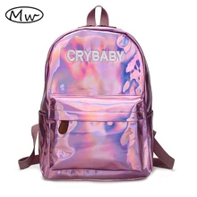 Mond Holz Harajuku Stickerei Briefe Crybaby Hologramm Laser Rucksack Frauen Weichen Pu-leder Rucksack Schultaschen Für Mädchen