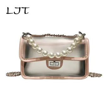 

LJT Design Women Transparent Bag Clear PVC Jelly Small Tote Messenger Bags For Women 2019 Summer Chain Pearl Crossbody Beach Bag