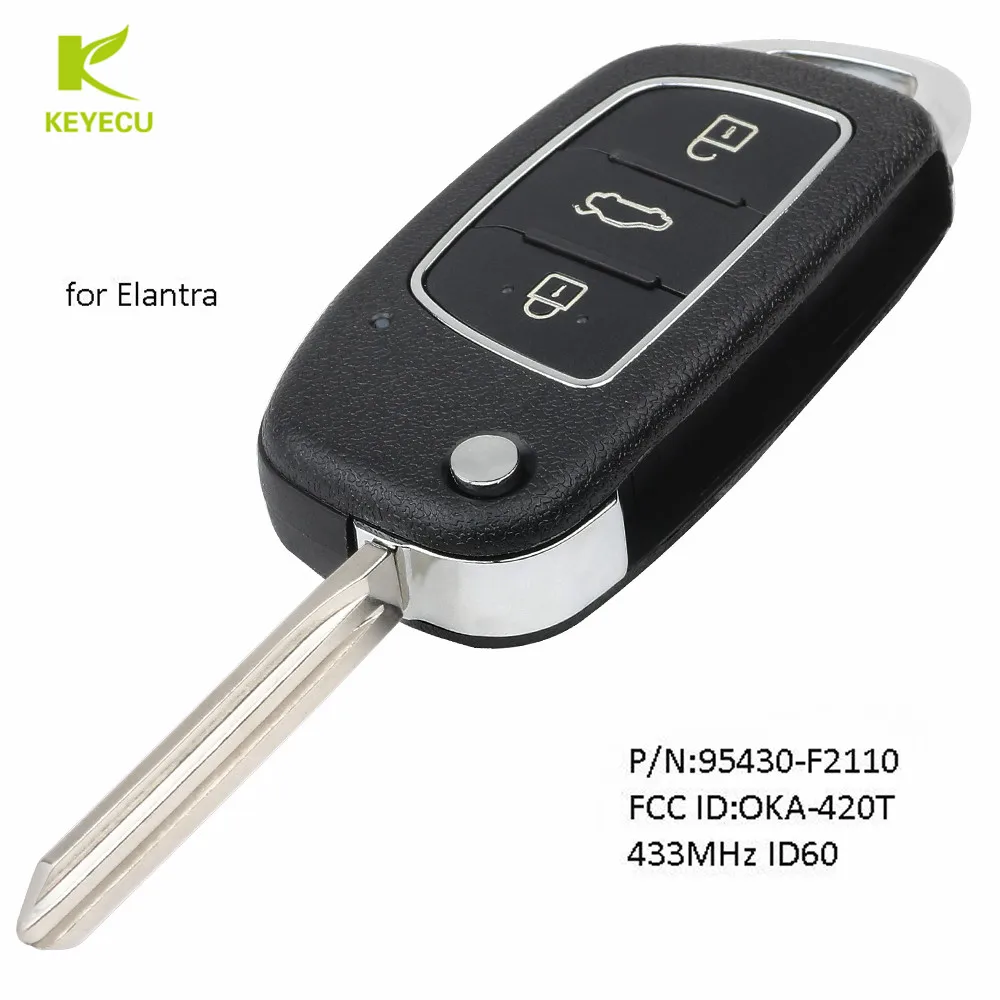 Запасной дистанционный ключ брелок KEYECU с чипом 433 МГц 4D60 для Hyundai Elantra 2016 2017 P/N: 95430