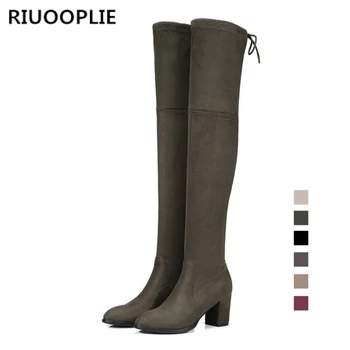 

RIUOOPLIE 2019 New Fasion Ladies Shoes Square Low Heel Women Over The Knee Boots Scrub Black Pointed Toe Woman Motorcycle Boots
