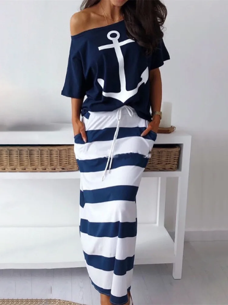 

2019 Summer Plus Size Elegant Vacation Leisure Two-pieces Suit Sets Ladies Boat Anchor Print T-Shirt & Striped Maxi Skirt Sets